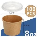 Lyellfe 100 Pack Disposable Paper Bowls with Lids, 8 Oz Heavy Duty Kraft Paper Bowl, To Go Soup Container Dessert Cups for Ice Cream, Yogurt, Cold and Hot