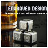 Whiskey Stones Gifts Set with Initial for Men & Women, 4pcs Stainless Steel Whiskey Rocks with Pouch and Tong, Chilling Ice Cubes Initial Gifts for Whiskey Lovers, Dad, Mom, Grandpa, Uncle - M