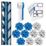 Hallmark Navy Blue Christmas Wrapping Paper Set (90 Sq. ft. Ttl 10 Bows 4 Ribbon Colors 40 Gift Tag Stickers) Snowman Stripes Snowflakes