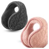 Syhood 2 Pieces Foldable Ear Warmers Adjustable Knitted Earmuffs with Fuzzy Fleece Lining Unisex Furry Winter Earmuffs (Pink and Grey)