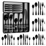 A 49-Piece Black Silverware Set with Drawer Organizer, Stainless Steel Cutlery for 8 with Matte Steak Knives, Forks, Spoons - Dishwasher Safe