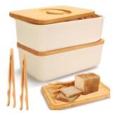 Triiter 2 Pack Bread Box For Kitchen Countertop, Large Bread Storage Container With 2 Toast Tongs, Rectangular Bread Container with Cutting Board Lid, Bread Storage For Homemade Bread (Cream White)