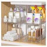 Fowooyeen 2 Pack Bathroom Cabinet Organizer, 2 Tier Pull Out Clear Under Sink Organizers and Storage, Multi-Purpose Kitchen Pantry Medicine Organization and Storage Shelves Bins with Movable Dividers