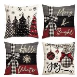 AVOIN Colorlife Merry Christmas Joy Xmas Trees Red Throw Pillow Covers, 18 x 18 Inch Christmas Winter Holiday Cushion Case Decoration for Sofa Couch Set of 4