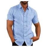 Mens Button Down Shirts Casual Short Sleeve Linen Tops Cotton Lightweight Fishing Tees Spread Collar Plain Shirt