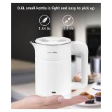 WTJMOV 0.6L Small Electric Tea Kettle Lightweight, 20 Ounce Double Wall Hot Water Boiler Stainless Steel Auto Shut-off, 120V Portable Travel Electric Kettle Fast Boil for Tea and Coffee,White