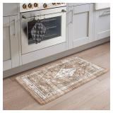 Collive Farmhouse Anti Fatigue Kitchen Mat, Cushioned Kitchen Rug Sets of 2 Waterproof Non Slip Kitchen Floor Mats Ergonomic Comfort Standing Mat for Laundry, Office, Sink, Desk, Cream/Brown