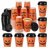 Jingmore 120 Pcs Halloween Disposable Coffee Cups with Lids 12 oz Halloween Paper Cups Pumpkin Paper Cups Jack O Lantern Paper Cups Halloween Party Decoration Supplies for Hot Drinking Coffee Juice