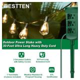 BESTTEN Outdoor Power Stake with 30ft Ultra Long Extension Cord Waterproof, 3-Outlet Power Strip with Weatherproof Protective Covers, ETL Listed, Green