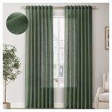 BOODII Olive Green Semi Sheer Textured Linen Curtains 84 Inches Length Long, 2 Panels Set for Bedroom Dining Living Room,Back Tab,Rod Pocket,Clip Rings Light Filtering Window Drapes,W52 x L84