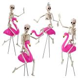 Simgoing 8 Pcs Halloween Skeleton Decoration Pink Flamingo Yard Ornament Outdoor 16" Plastic Skeleton Decor with Posable Legs 17" Flamingo Statue Decor for Yard Garden Lawn