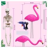 Simgoing 8 Pcs Halloween Skeleton Decoration Pink Flamingo Yard Ornament Outdoor 16" Plastic Skeleton Decor with Posable Legs 17" Flamingo Statue Decor for Yard Garden Lawn