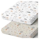 Pack n Play Sheets, BROLEX 2 Pack Mini Crib Sheets,Stretchy Portable Fitted Playard Sheet Set, Convertible Playard Mattress Cover,Ultra Soft Breathable Material,Starsmoon Balloon