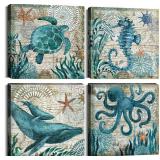 Bathroom Wall Art Beach Decor Ocean Sea Turtle Octopus Canvas Pictures Coastal Room Decor Teal Bathroom Accessories Vintage Whale Seahorse Poster Modern Nautical Painting Bedroom Home Decorations