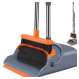 kelamayi Upgrade Broom and Dustpan Set, Self-Cleaning with Dustpan Teeth, Indoor&Outdoor Sweeping, Ideal for Dog Cat Pets Home Use, Stand Up Broom and Dustpan (Gray&Orange)