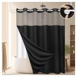 FADOTY No Hook Shower Curtain and Snap in Liner Set Black Tufted Chevron Striped Cloth Waterproof Washable Fabric Boho Farmhouse Bath Curtain See Through Mesh Top Window for Bathroom Hotel 71" x 86"