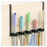 Broom Holder Over The Door Drilling Free Mop and Broom Holder with 4 Over Door Hook, Metal Mop and Broom Holder Wall Mount Broom Storage Tool Organizer for Laundry Room Garage Kitchen Bathroom