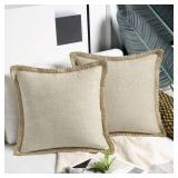 Phantoscope Pack of 2 Farmhouse Modern Fall Decorative Solid Throw Pillow Cover Burlap Linen Trimmed Tailored Edges Outdoor Pillows, Oatmeal 18 x 18 inches 45 x 45 cm