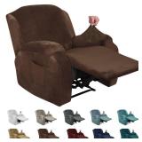 MAXIJIN Velvet 4 Piece Recliner Cover Stretch Plush Soft Cover for Recliner Chair Thick Soft Recliner Chair Slipcover Separate Chair Cover for Recliner with Side Pocket (Recliner, Dark Coffee)