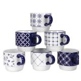 Schliersee Stackable Ceramic Coffee Mugs set of 6, 12Oz Geometric Floral Pattern Mug, Blue and White Porcelain Coffee Mug, Stacking Coffee Mugs, Tea Mug, Water Cup, Dishwasher Safe, Microwave Safe