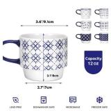 Schliersee Stackable Ceramic Coffee Mugs set of 6, 12Oz Geometric Floral Pattern Mug, Blue and White Porcelain Coffee Mug, Stacking Coffee Mugs, Tea Mug, Water Cup, Dishwasher Safe, Microwave Safe