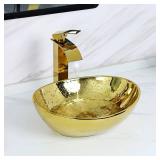 Davivy 16.1"x13.2" Gold Oval Vessel Sink with Pop Up Drain, Luxury Gold Bathroom Sinks above Counter, Ceramic Oval Vessel Sinks for Bathrooms (Luxury Gold)