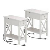 ChooChoo End Table Set of 2 with Charging Station, Narrow End Table with USB Ports and Outlets, Small Side Table Nightstand with Drawer for Living Room, Bedroom, White