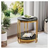 Alunaune Industrial End Table, 2-Tier Marble Look Round Side Table, Small Modern Storage Shelf Gold Metal Coffee Table Nightstand for Living Room Bedroom-Black