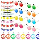 CHRORINE 24 Pcs Hippie Costume Accessory Set for Hippie Party Decorations Includes Flower Headbands Round Hippie Sunglasses Solid Color Peace Sign Necklace