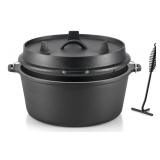 9 Quart Pre-Seasoned Cast Iron Dutch Oven with Lid and Lid Lifter Tool Outdoor Deep Camp Pot for Camping Fireplace Cooking BBQ Baking Campfire 9 QT