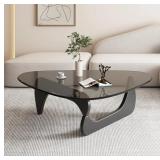 Triangle Coffee Table in Walnut Mid Century Modern Solid Wood Base and Triangle Clear Glass Coffee Table for Living Room Low Minimalist Tea TableCoffee Tables (36 * 25.6 * 16, (36*25.6*16, Black Gray)