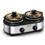 Sunvivi Dual Pot Slow Cooker, 2 Pot Small Mini Crock Buffet Server and Warmer, Upgraded Oval Ceramic Double Pot Buffet Food Warmer Adjustable Temp Glass Lid, Total 2.5 Quarts