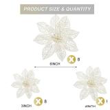 Boao 24 Pieces Christmas Poinsettia Tree Ornament Artificial Flowers Christmas Decoration Glitter Ornament, 3/4/6 Inches(White)