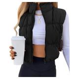 Gihuo Cropped Puffer Vest Women Winter Zip Up Stand Collar Quilted Sleeveless Jacket Coat Lightweight Padded Gilet (Black-S)