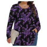 Plus Size Tops for Women Winter Long Sleeve Shirts Crew Neck Casual Loose Tunic Blouse Black Purple Flowers 3X