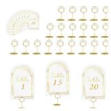 JOYIT 20 Sets Wedding Table Number 1-20 with 20 Pcs Table Number Holders, White Gold Table Number Cards with Place Card Holders, 4in x 6in Table Numbers for Wedding Reception and Birthday