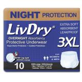 LivDry Adult Incontinence Underwear, Overnight Comfort Absorbency, Leak Protection (XXX-Large (10 Count))