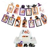 Epakh Halloween 1st Birthday Photo Banner for Newborn to 12 Months, One Banner and One Cake Topper, Pumpkin Ghost Witch Pattern Baby Milestone Photo Banner for Spooky One Birthday Decoration