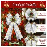 Kenburg 2 Pcs Pre-Light Christmas Decorative Bows for Wreath, 20 X 12 Large Christmas Tree Topper Bow with Bells, Berry, Pine Cones, 40 LED Silver Snowflake Ornament Bow for Indoor/Outdoor- White