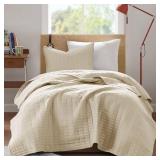 Comfort Spaces Kienna Quilt Set-Luxury Double Sided Stitching Design Summer Blanket, Lightweight, Soft, All Season Bedding Layer, Matching Sham, Ivory, Coverlet Twin/Twin XL(66inx90in) 2 Piece