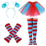 Hicarer 4 Costume Set for Women Include Red Blue Tulle Tutu Skirt Striped Socks Stretchy Gloves Ponytails Headband(Lake Blue and Red, Large)