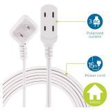 Philips Extension Cord, 15 Ft, 3-Outlet Flat Plug Extension Cord, Flat Extension Cord with Multiple Outlets, 2 Prong Extension Cord, Safety Slide Long Extension Cord, 1 Pack, White, SPS1032WE/27