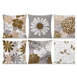 COMMINY Brown Grey Pillow Covers 16x16 Set of 6 Decorative Daisy Flower Throw Pillow Cover for Couch Modern Farmhouse Cushion Cover for Sofa Outdoor Patio Bed Living Room Home Decor