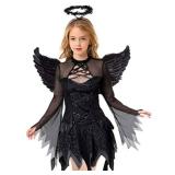 Doxrmuru Girls Fallen Angel Dress for Halloween Costume with Black Wings (Black, 7-9 Years)