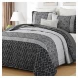 Cottolester Boho Quilt Set Queen Size 3 Pieces,Grey Striped Plaid Bedspread,Soft Microfiber Bedding Set with 2 Pillow Shams 96"x90"