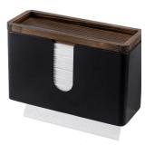 MyGift Deluxe Modern Matte Black Metal Folded Commercial Paper Towel Holder with Rustic Burnt Solid Wood Tray Lid, Wall Mounted Trifold Multifold Z Fold Disposable Napkin Dispenser