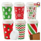 JOYIN 72 PCS Christmas Disposable Party Paper Cups, 16 oz Merry Christmas Coffee Cups With Cup Sleeves and Lids, 6 Designs Xmas Tea Drinking Cups, Beverages Tableware Holiday Supplies Favors