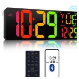 Large Digital Wall Clock 17.2" Bluetooth Auto Time Sync Led Digital Clock Large Display 11 RGB Colors Digital Calendar Auto-Dimming/DST Big Timer With Remote For Living Room Classroom Decor Garage