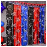 Bupelo Spider Web Birthday Decorations, 2 Pack Spider Party Supplies 3.3x6.6ft Tinsel Foil Fringe Curtains, Red Black, and Blue Photo Booth Prop Backdrop Streamer, Birthday Decor, Party Decor for Boys