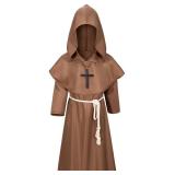 Kids Medieval Renaissance Monk Costume Priest Friar Wizard Cloak Hooded Robe Cosplay Costume Belt Necklace Set(BW 140)